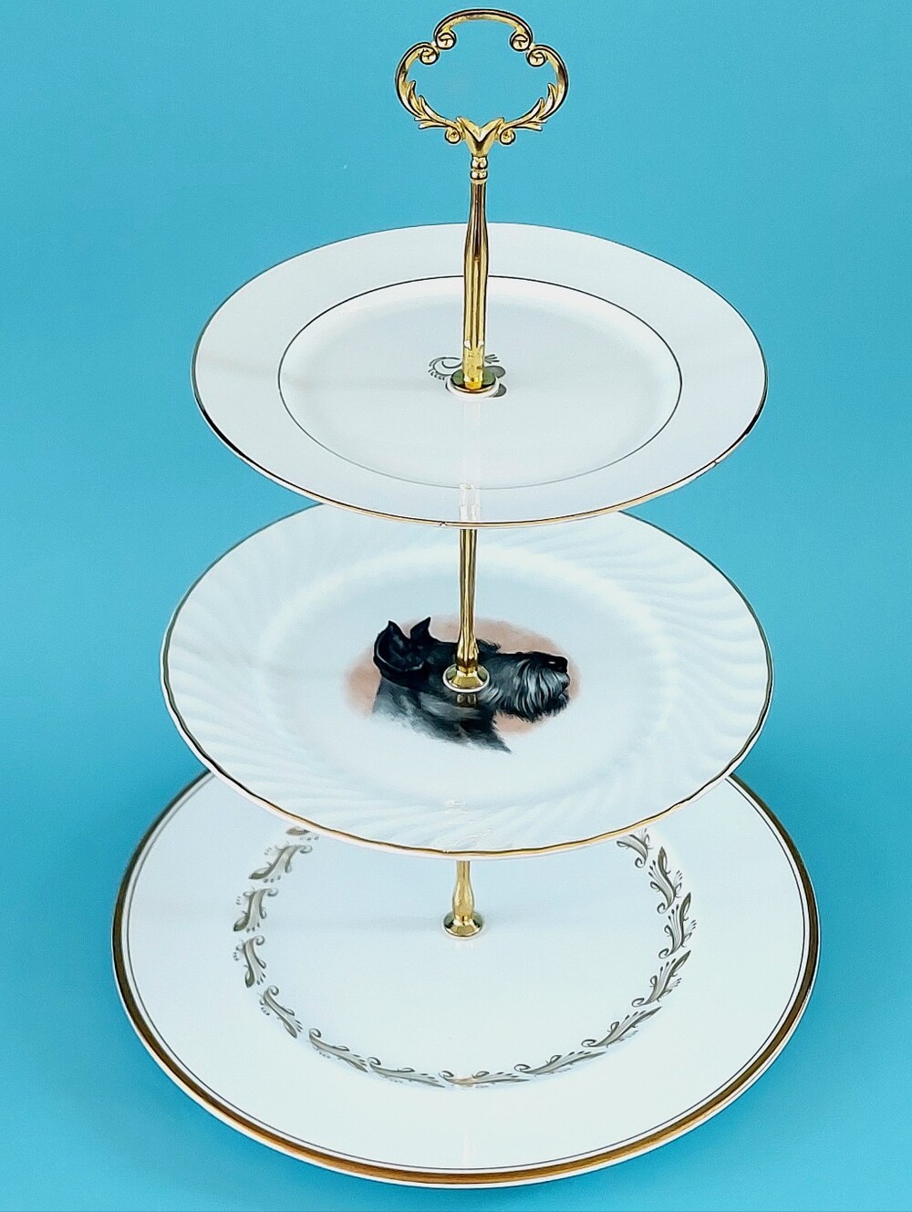 Vintage Scottie Dog Mismatched 3 Tier Bone China Cake Stand